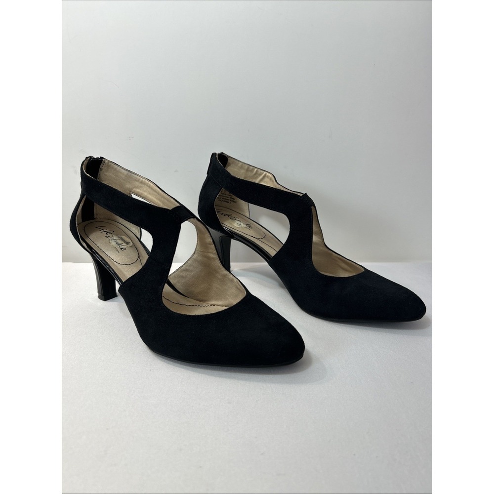 LifeStride Women's Giovanna 2 Black Faux Suede T-strap Block Heel Pump Size 11 M